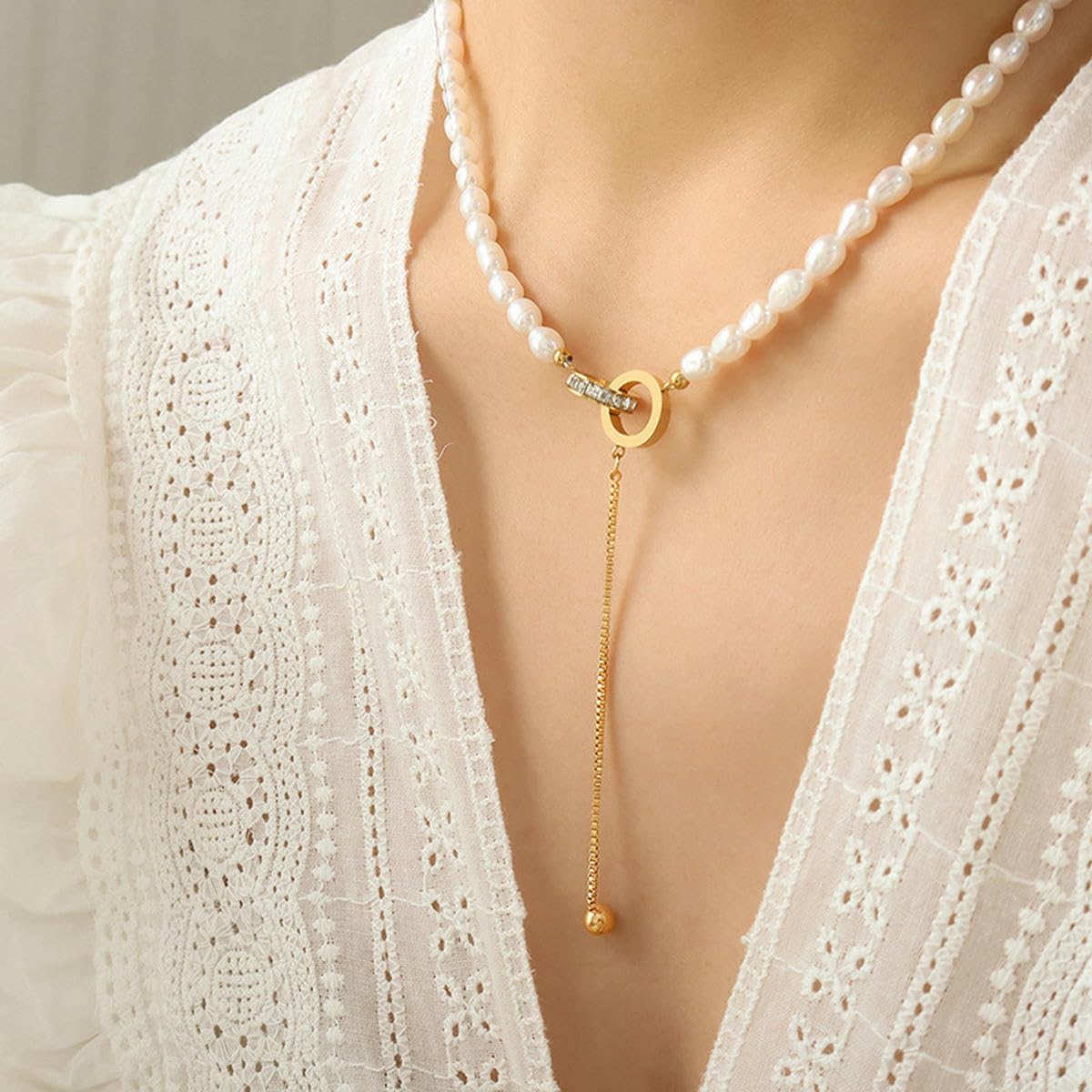 Moda barroca Perla de Agua Dulce Cadena de Cuentas, números Romanos Anillos Hug Colgante Collar Joyería para Mujeres