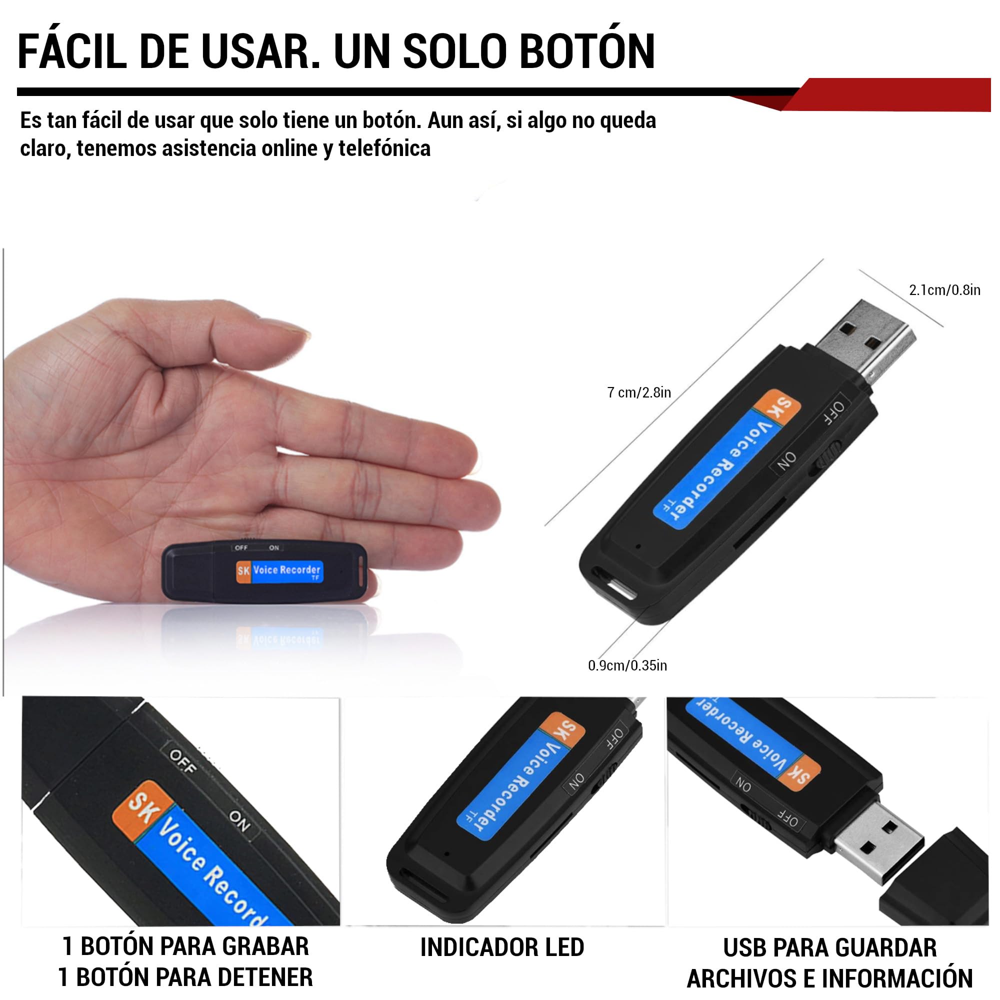 Grabadora de Voz Espia Digital con MicroSD de 32 GB incluida | Mini Grabadora de Audio Ideal para Reuniones, Entrevistas, Clases | Grabadora USB Espia Portatil con hasta 500 Horas Grabación