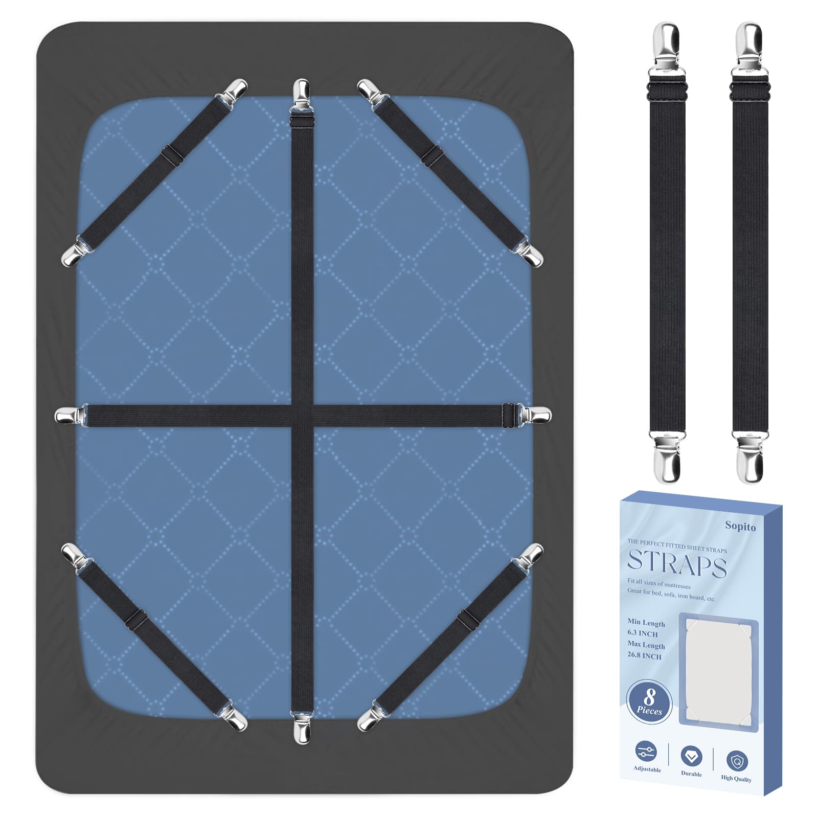Sopito Sheet Straps, Adjustable Elastic Bed Sheet Holder, 8pcs Black