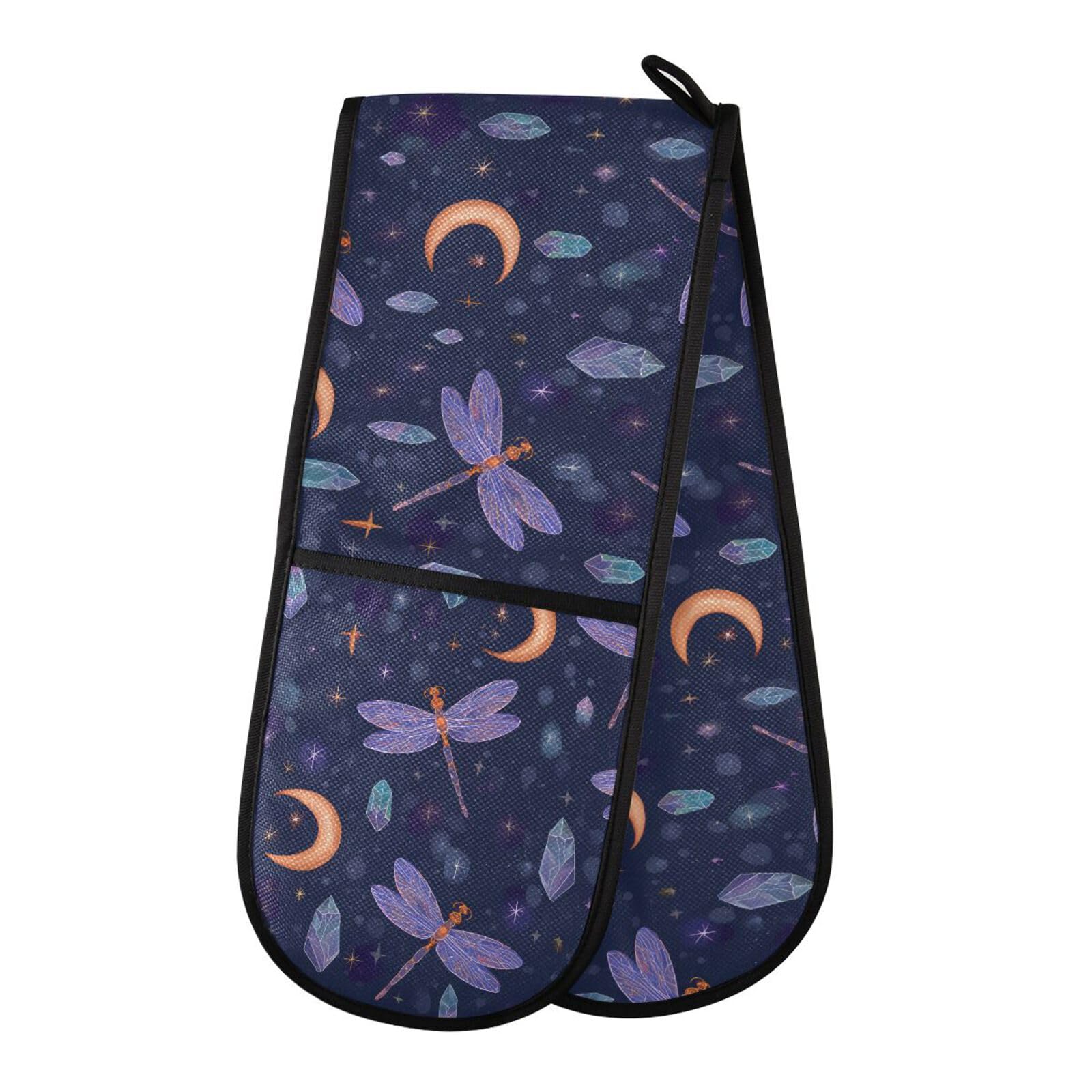 Oven Gloves Double Oven Gloves Dragonfly Moon Dark Blue Oven Mitts Pot Holder Heat Resistant Quilted for BBQ Baking Kitchen Cooking Gloves