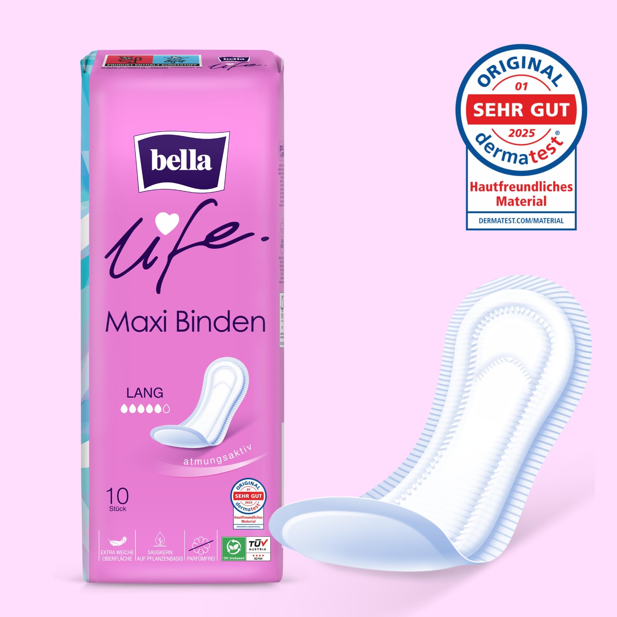 bella life Maxi Damenbinden ohne Flügel Lang 100 Stück (10x10) parfümfrei weich