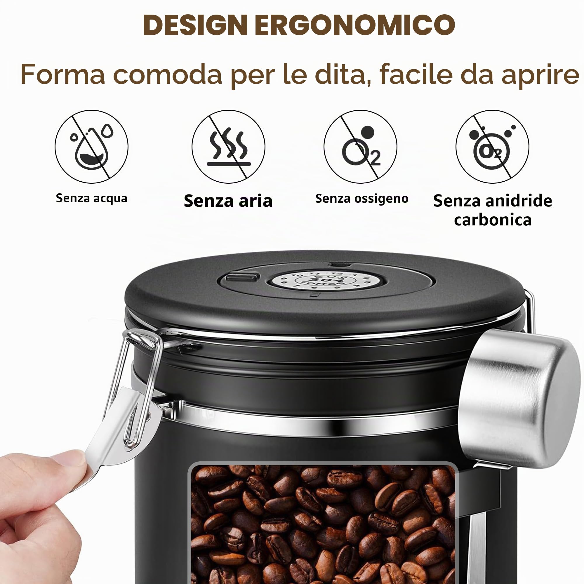 Barattolo Ermetico per Chicchi di Caffè da 1 KG, Contenitore per Chicchi in Acciaio Inox, 2.8L, Sottovuoto per Chicchi di Caffè, Polvere di Caffè, Tè, Zucchero