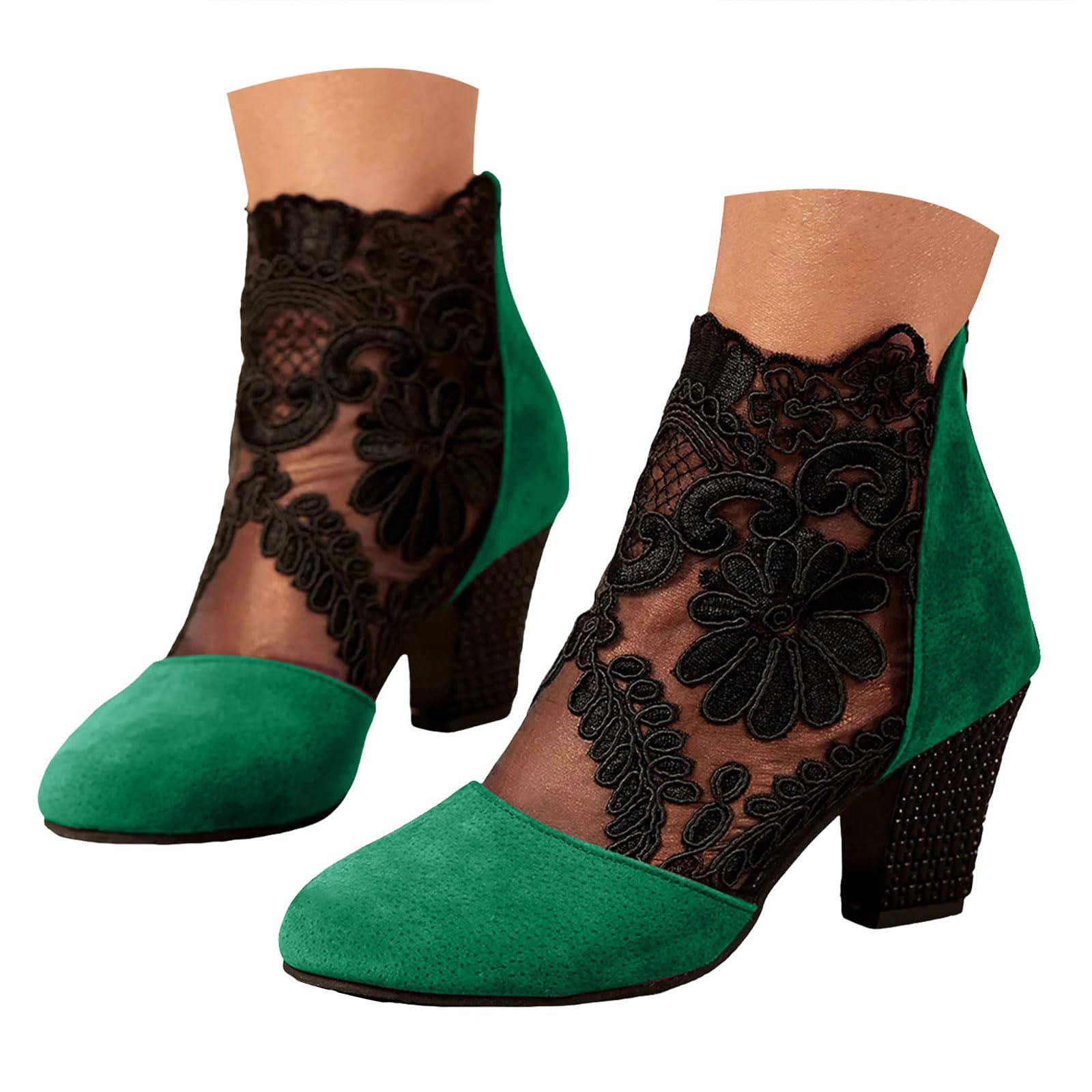 Ankle Boots for Women Mid Heel Booties Womens Pointed Toe Stacked Chunky Heels Cutout Back Zipper Booties Floral