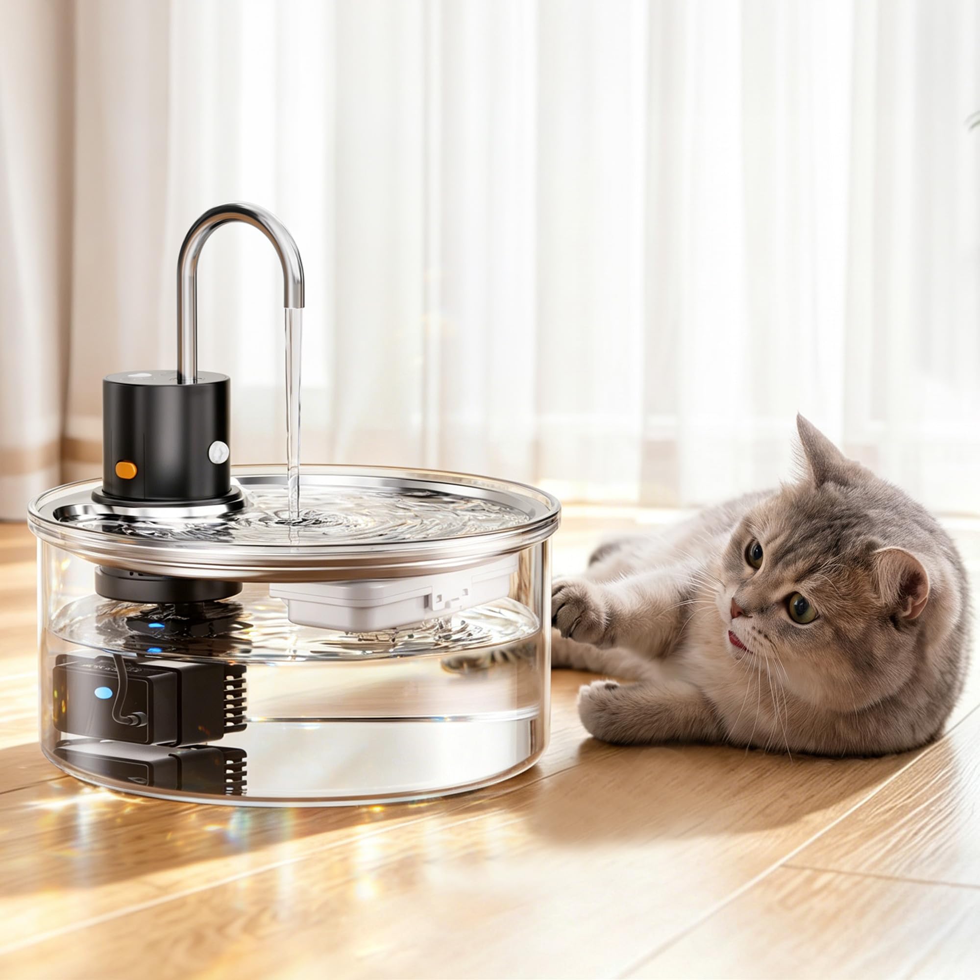 Tomxcute Fontanella per Gatti 3,2L in Vetro con Sensore | Batteria da 5000mAh per utilizzo senza fili, erogazione automatica dell'acqua e livello sempre visibile