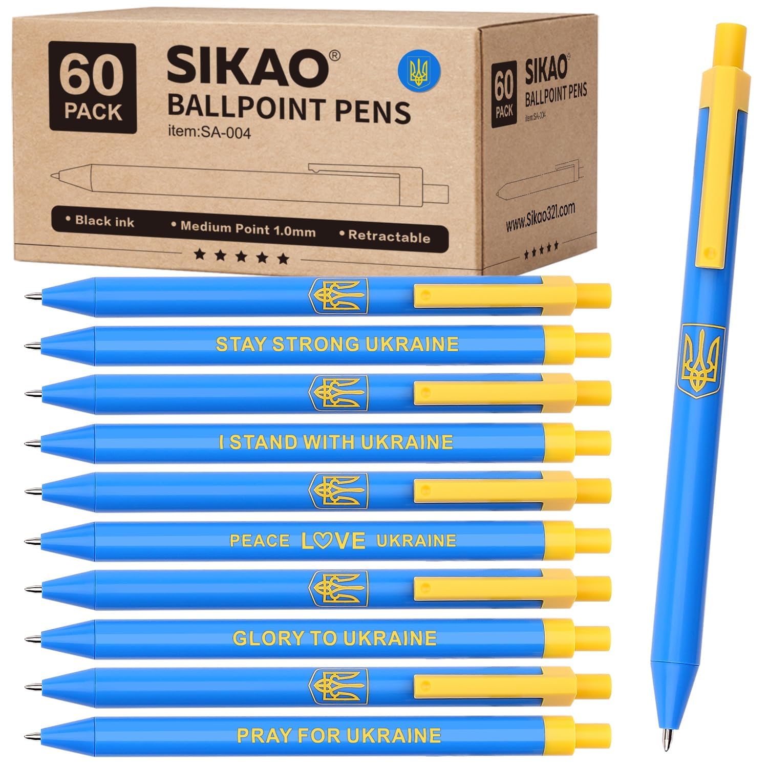 Sikao Ukraine Pens Bulk, 60 Pack Blue/Yellow Ballpoint Pens, Black Ink 1.0mm Smooth Writing, “Support Ukraine” Click Pens with Tryzub Emblems, Perfect for School, Office & Events & Fundraising