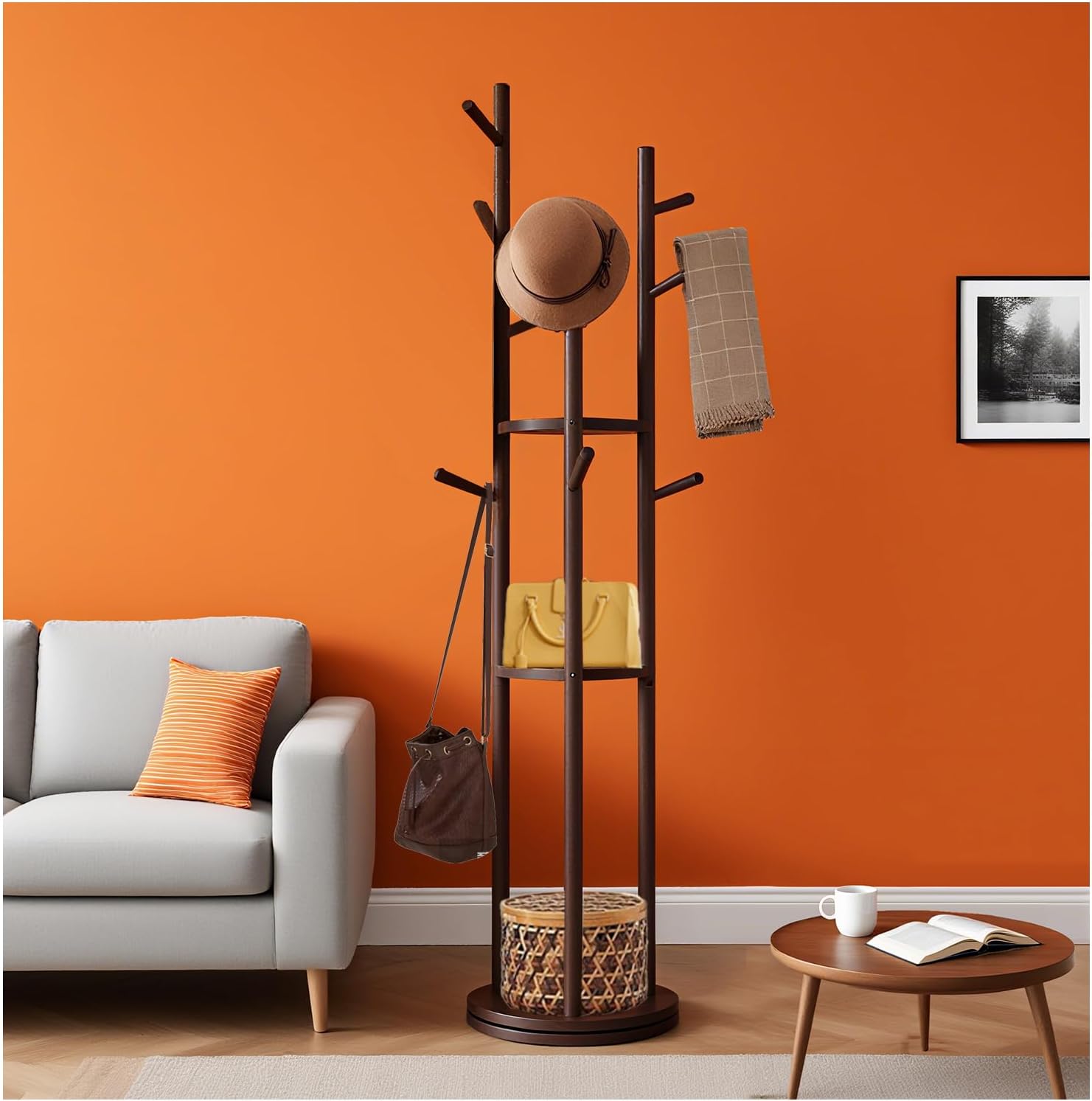 Wooden Freestanding Coat Rack with 9 Hooks&3 Rotating Storage Trays,Free Standing Coat Rack Tree with Rotatable Design,Coat Tree Freestanding for Hanging Clothes,Clothing Rack for Entryway Bedroom