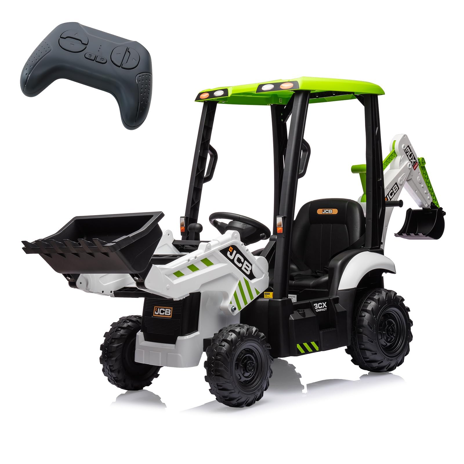 GarveeLife 12V Electric Ride-on Tractor for Kids, 4-in-1 Ride-on Digger with Shovel, Bulldozer and Dumper, 2.4G Remote Control, Horn and Music, Battery Powered Toy for Kids Aged 3+, Green