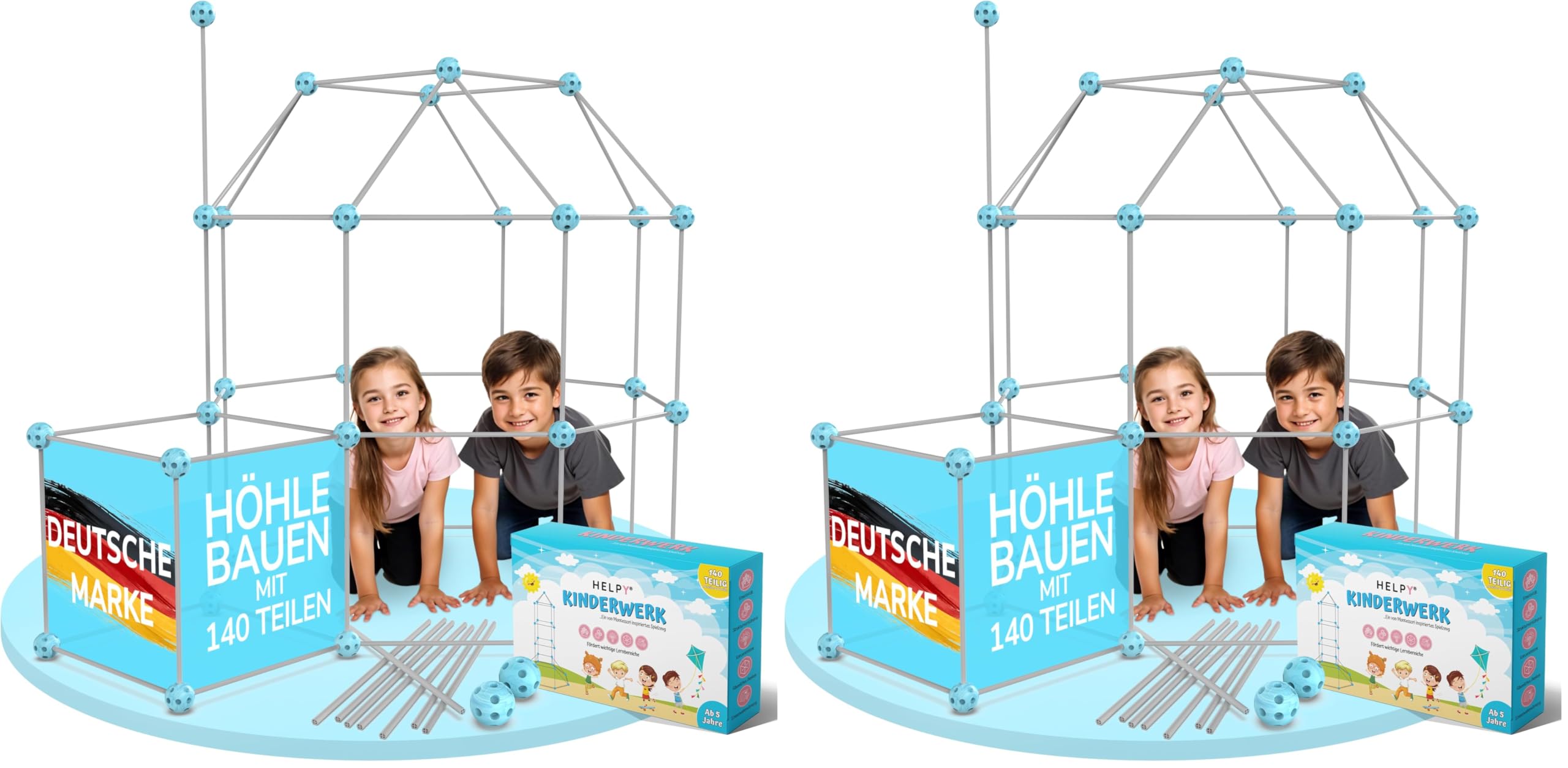 KINDERWERK - Konstruktionsspielzeug – 140-teiliges Set zum Höhle Bauen für Kinder – Unterstützt Kreativität & räumliches Denken – Indoor & Outdoor Spielzeug (blau/grau) (Packung mit 2)