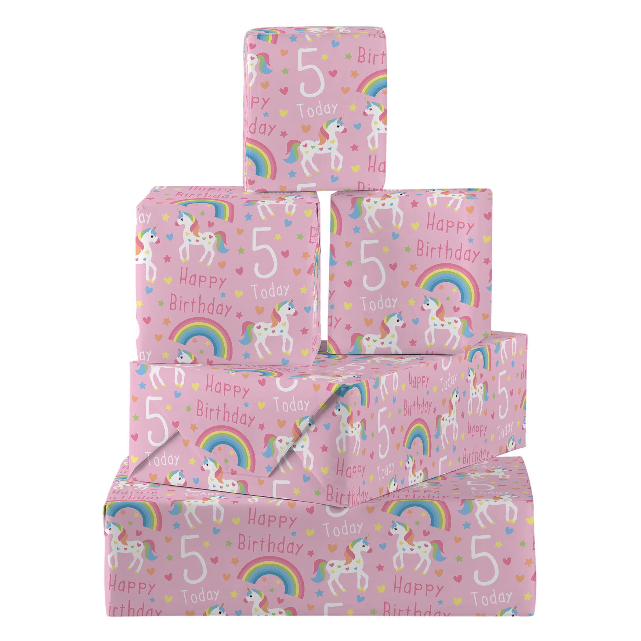 Hunts England - 5 Sheets Of Girl 5th Birthday Unicorn Fun Wrapping Paper - Includes 5 Gift Tags - Age 5 Female Folded Gift Wrap For Girl - Unicorn Collection - Age Five Pink Gift Wrap