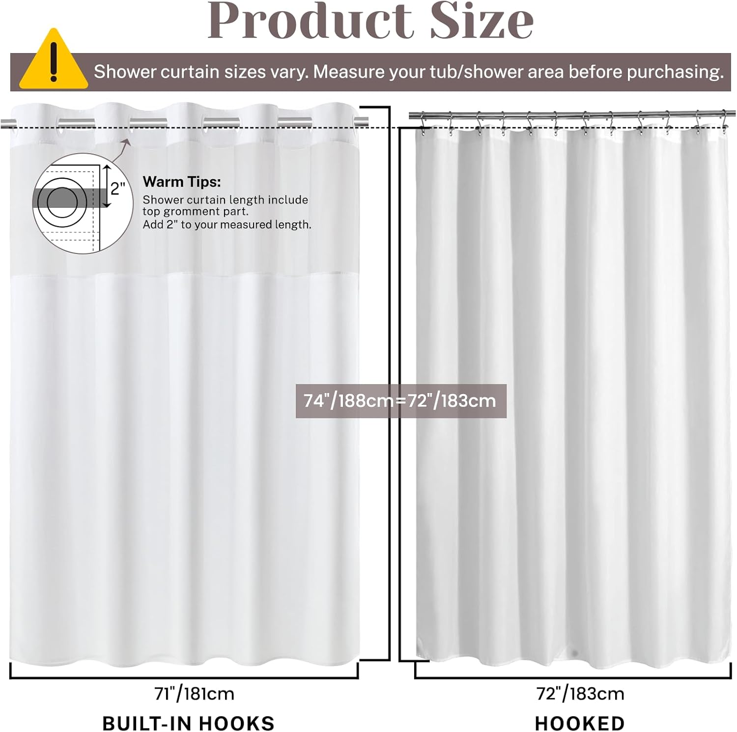 SORTTO No Hook Slub Textured Shower Curtain with Snap in Liner - White Fabric Outer Curtain & Waterproof Inner Liner, Hotel Style with See Through Top Window, 71x74 in