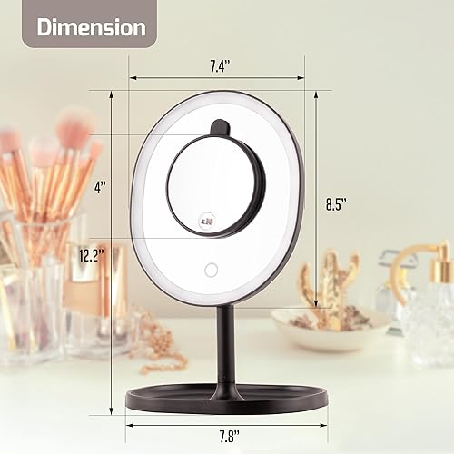 Miniatura 6 de OVENTE Espejo de maquillaje de mesa recargable de 9 pulgadas con mini espejo de aumento magnético 10X, luces LED regulables para pantalla táctil,