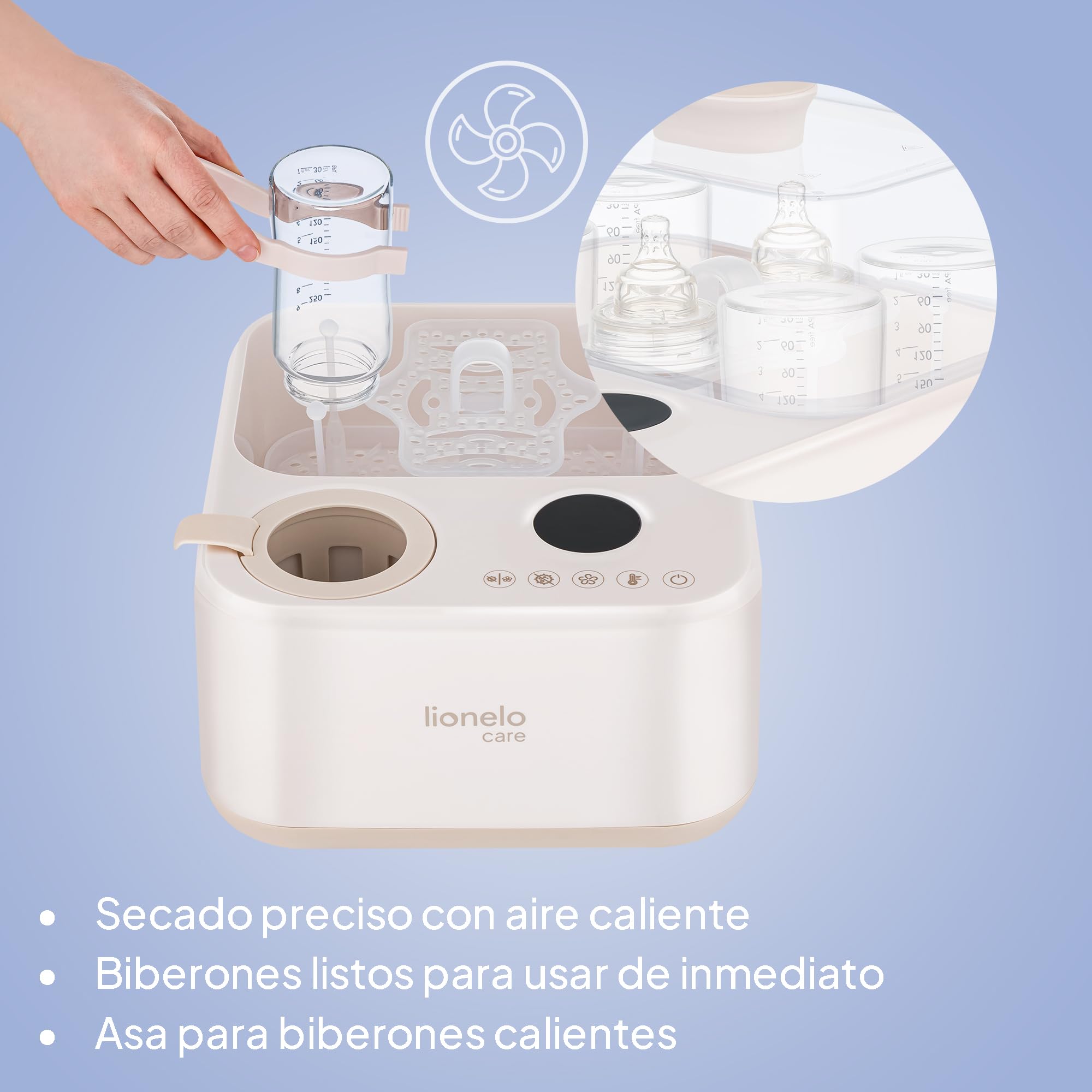 Lionelo Steamup Esterilizador Eléctrico de Biberones 3 en 1, Vapor y Secado Aire Caliente, Calentador de Biberones con Sonda, Panel Táctil Digital, Sin Bpa, Apagado Automático, 4 Biberones, 220–240v | Con secadora y calentador de biberones, esterilizador