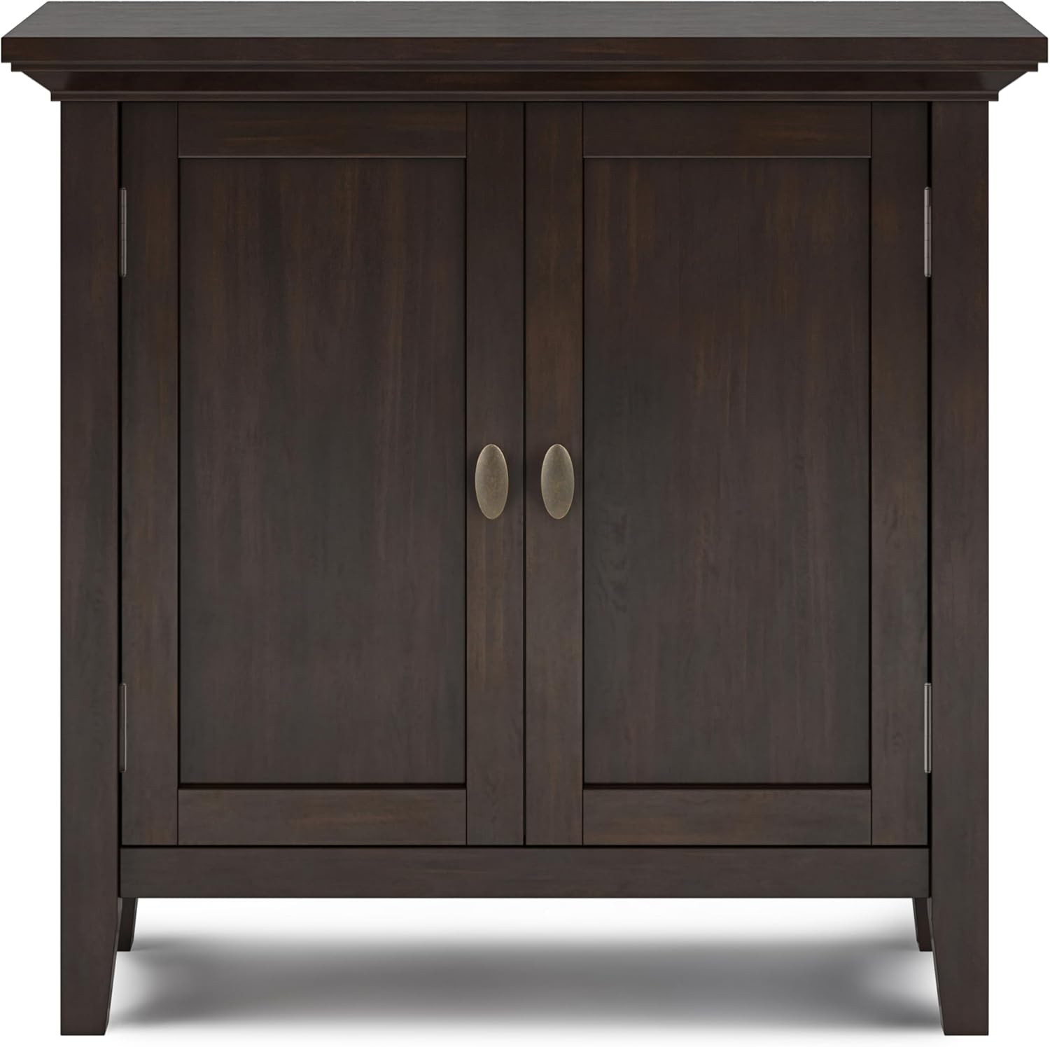 SIMPLIHOME Redmond Storage Cabinet - 32 inch Wide Solid Wood 2-Shelf Low Storage Cabinet in Brunette Brown, Transitional Accent Cabinet for Entryway with Adjustable Shelves and Tapered Legs