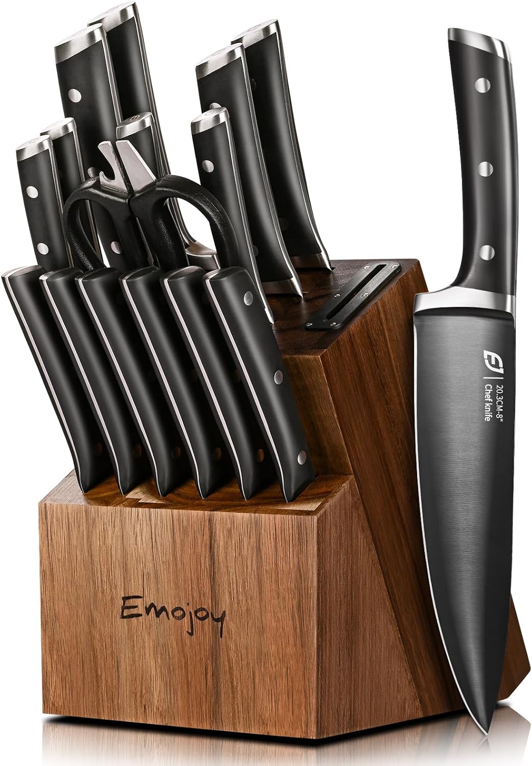 Knife Set, Emojoy 17-Piece Kitchen Knife Set with Heavy-Duty Acacia Block, Premium Titanium Stainless Steel Knife Block Set with Built-in Sharpener, Rust Proof Knife Set, Emojoy 17-Piece Kitchen Knife Set with Heavy-Duty Acacia Block, Premium Titanium Stainless Steel Knife Block Set with Built-in Sharpener, Rust Proof