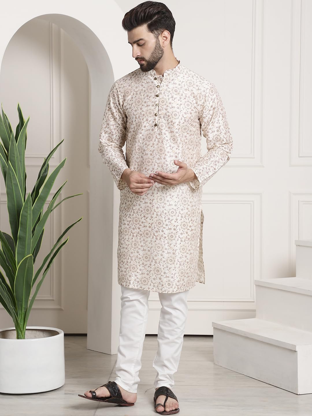 Sojanya Men's Silk Blend Floral Regular Kurta Pyjama With Nehru Jacket (V-Sjr-Sprt-48035-P01-Nj-Damn-83-Crm-44, Cream, Seagreen And Pink