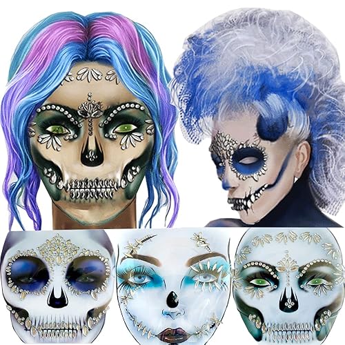 Catrina - Joyas de cara del día de los muertos, tatuaje, gemas temporales de Jack-O-Lantern, calcomanías de tatuaje de calavera de azúcar para