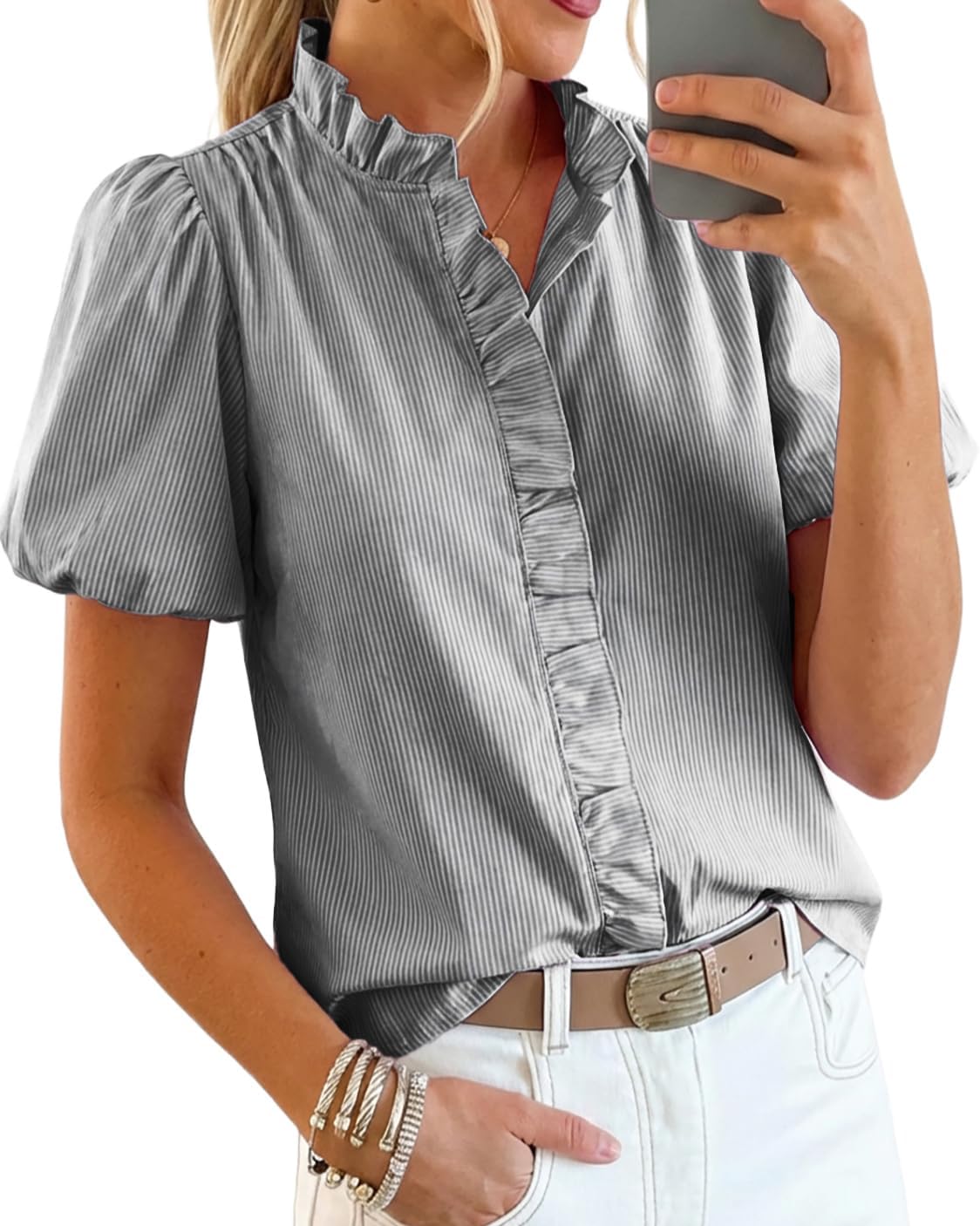 Womens Short Puff Sleeve Button Down Shirts Ruffle Stand Collar Blouse