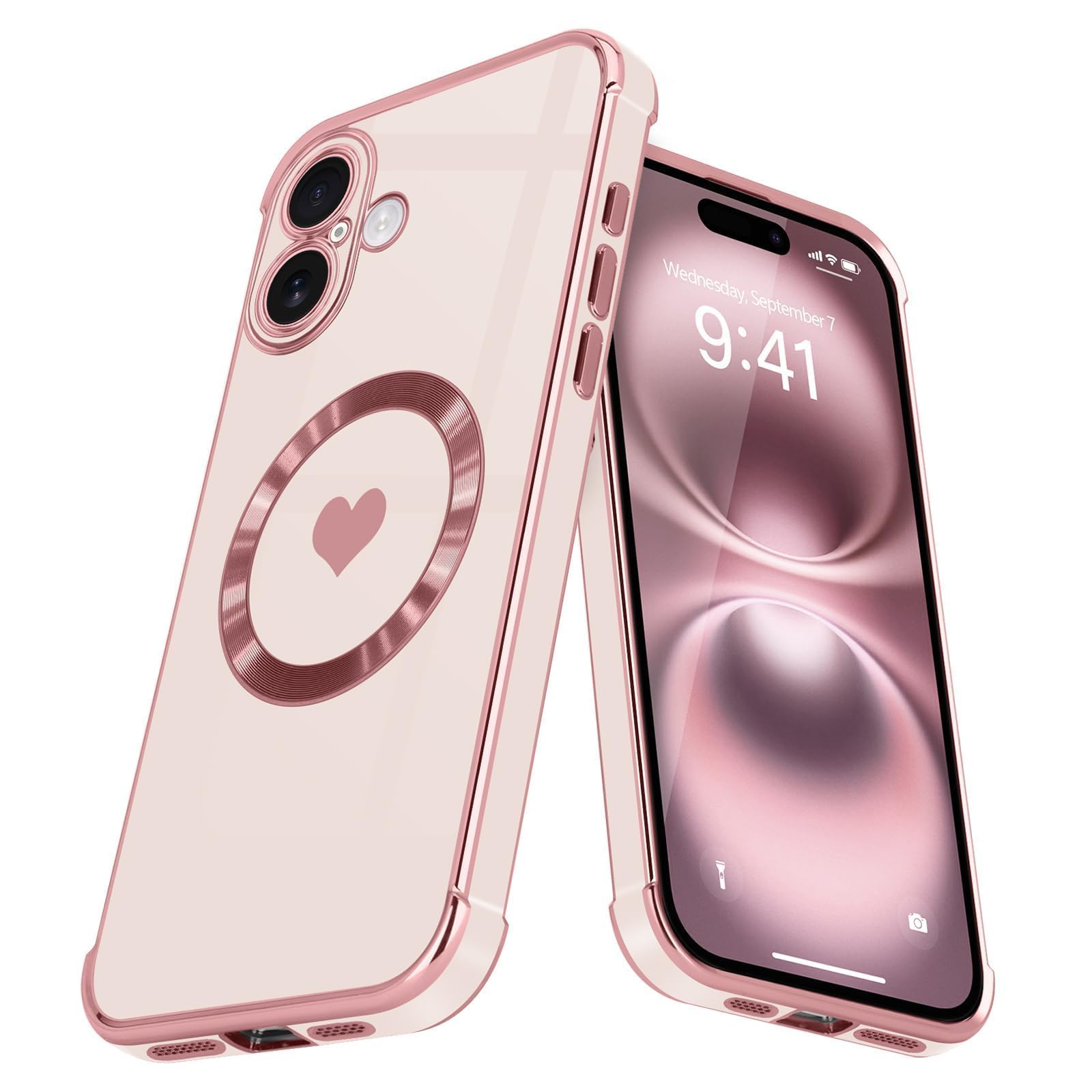 L-FADNUT Magnetic Case for iPhone 16 Plus Women Girl Luxury Plating Cute Love Heart Slim Cover Full Camera Lens Protection Compatible with MagSafe for