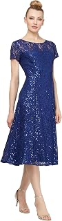 Women's Short Sleeve Sequin and Lace Tea Length Mother of The Bride Dress (Petite and Regular Sizes)