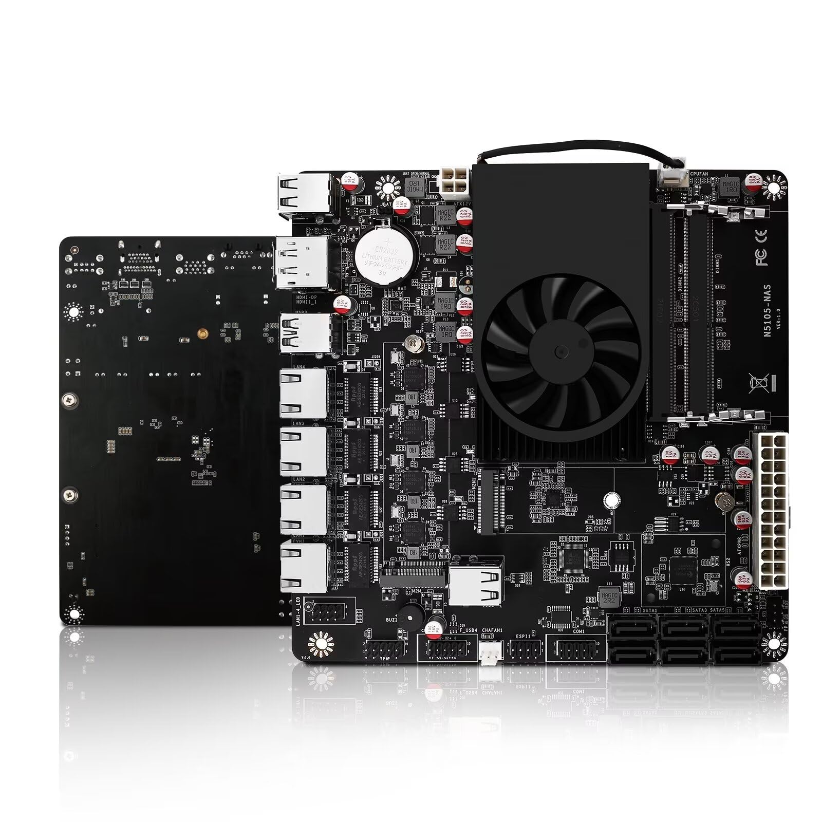 NAS Motherboard, 6 Bay, Pentium Silver N6005 4 Cores 4 Threads TDP10W, Mini Itx, 4× I226V 2.5GbE-UDE LAN, 6 × sata3.0, DP + HD(4K@60Hz) Dual Display, Barebone NO RAM NO SSD