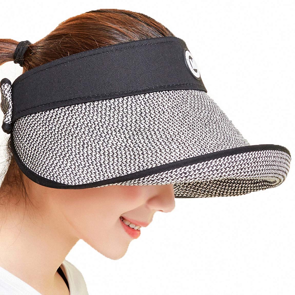 Ulalaza Women's Summer Foldable Straw Sun Visor w/Cute Bowtie UPF 50+ Packable Wide Brim Roll-Up Visor Beach Hat