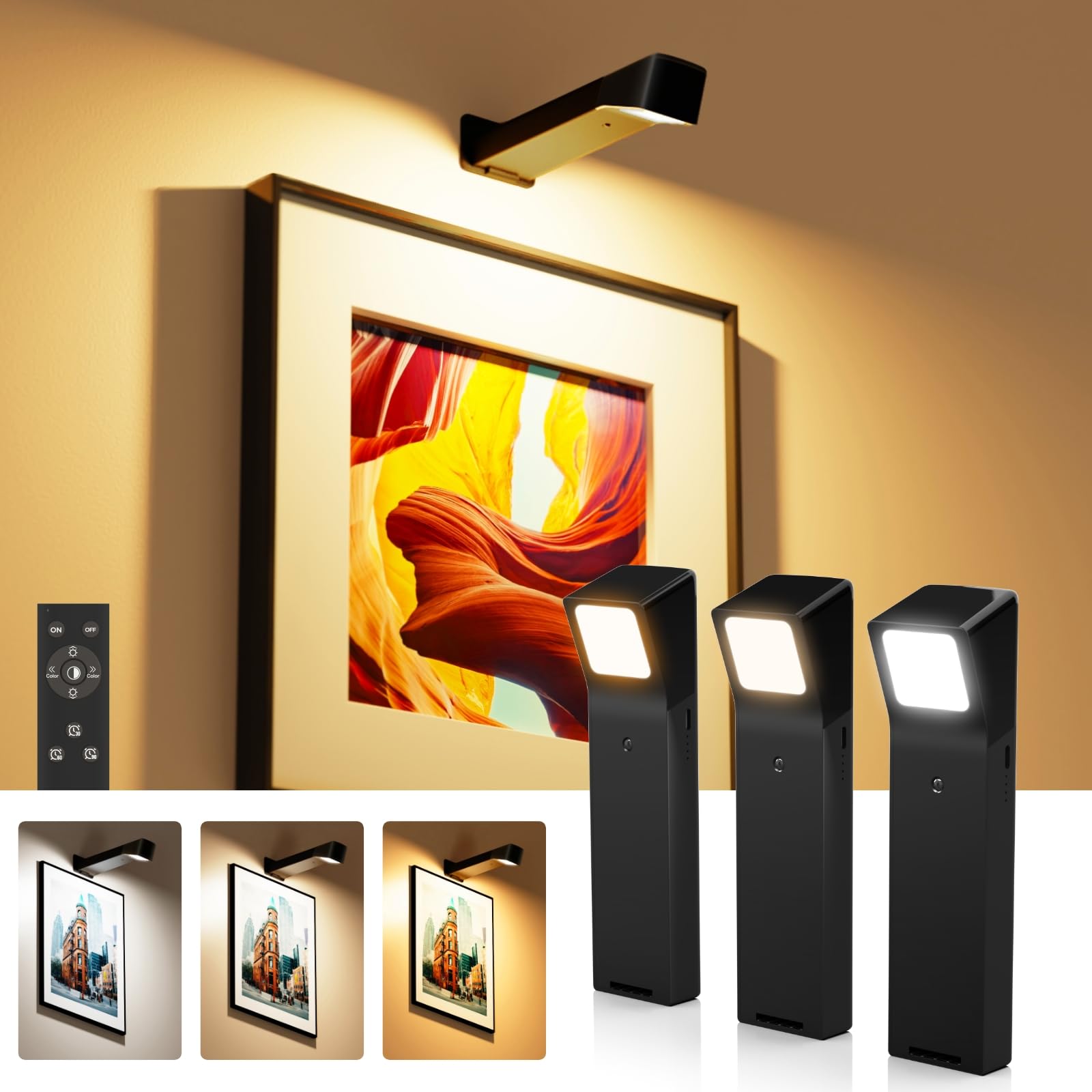 PopoIron Picture Lights for Wall with RGB Colors, Battery Powered Art Painting Lights with Remote, Cordless Wall Light for Dartboard/Posters, Rechargeable Wall Sconces,3 Pack