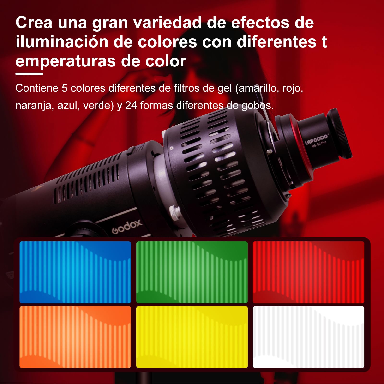 Os-50pro Snoot CóNico óPtico Bowens Mount Kit con Lente De 50 Mm, Filtro De Color Y Gobos, Kit De Snoot CóNico Bowens Mount para Flash De Estudio Monolight Led