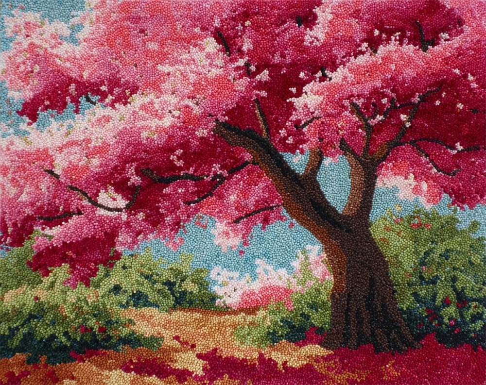 Kitquiver Rug Kits for Adults Latch Hook Pre Printed Cherry Blossom Tree DIY Crochet Yarn Embroidery Handmade Needlework with Printed Canvas for Home Decoration 15X20In