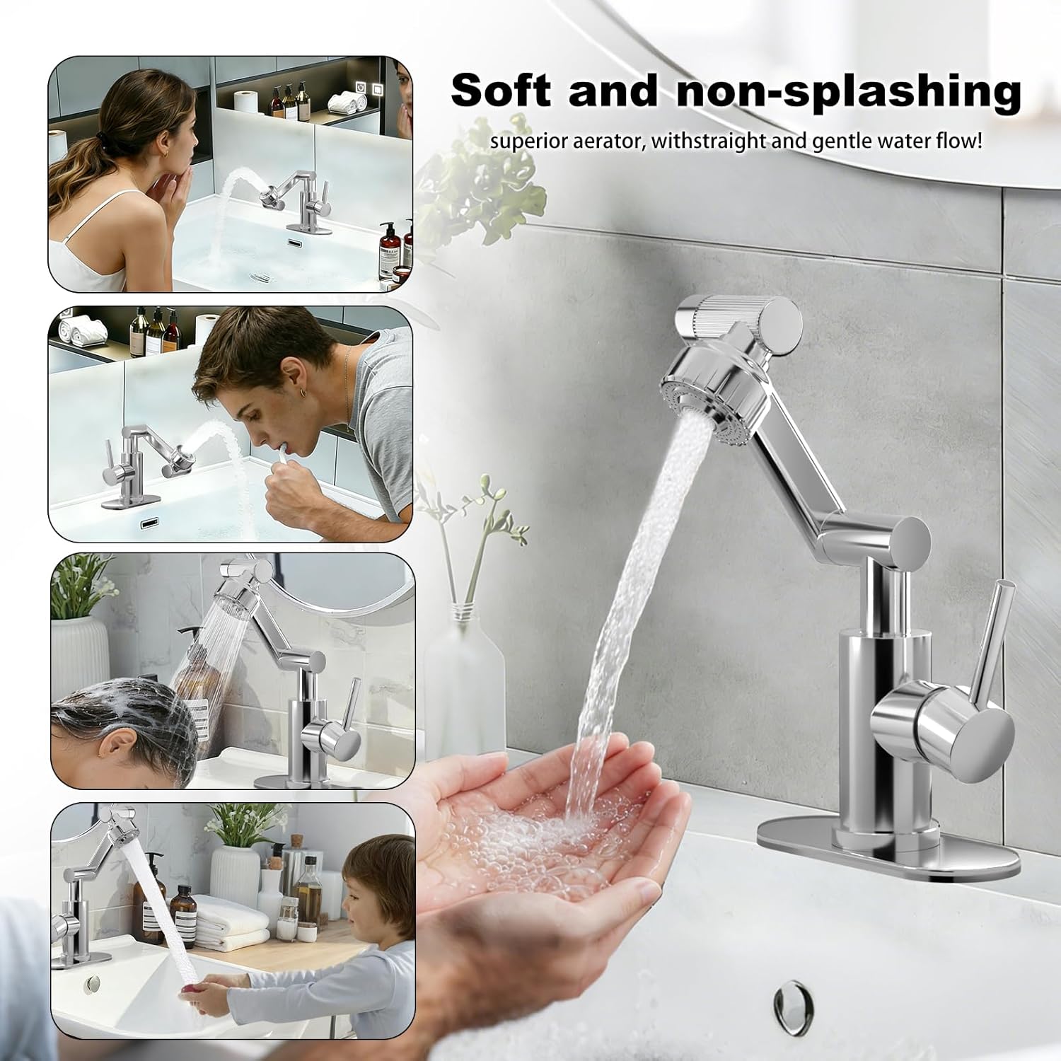 Chrome1080° Universal Rotatable Bathroom Faucet - Lead-Free Stainless Steel, Height Adjustable, Dual Spray Modes, Single/3-Hole Installation, for Bathroom Sink -Grifo de baño giratorio 1080 grados