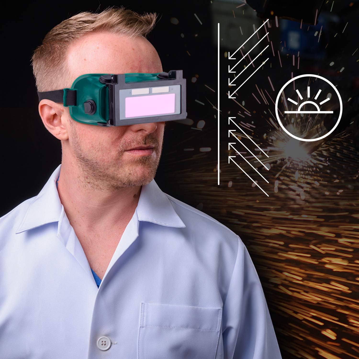 Man Wears Automatic Darkening Welding Goggles