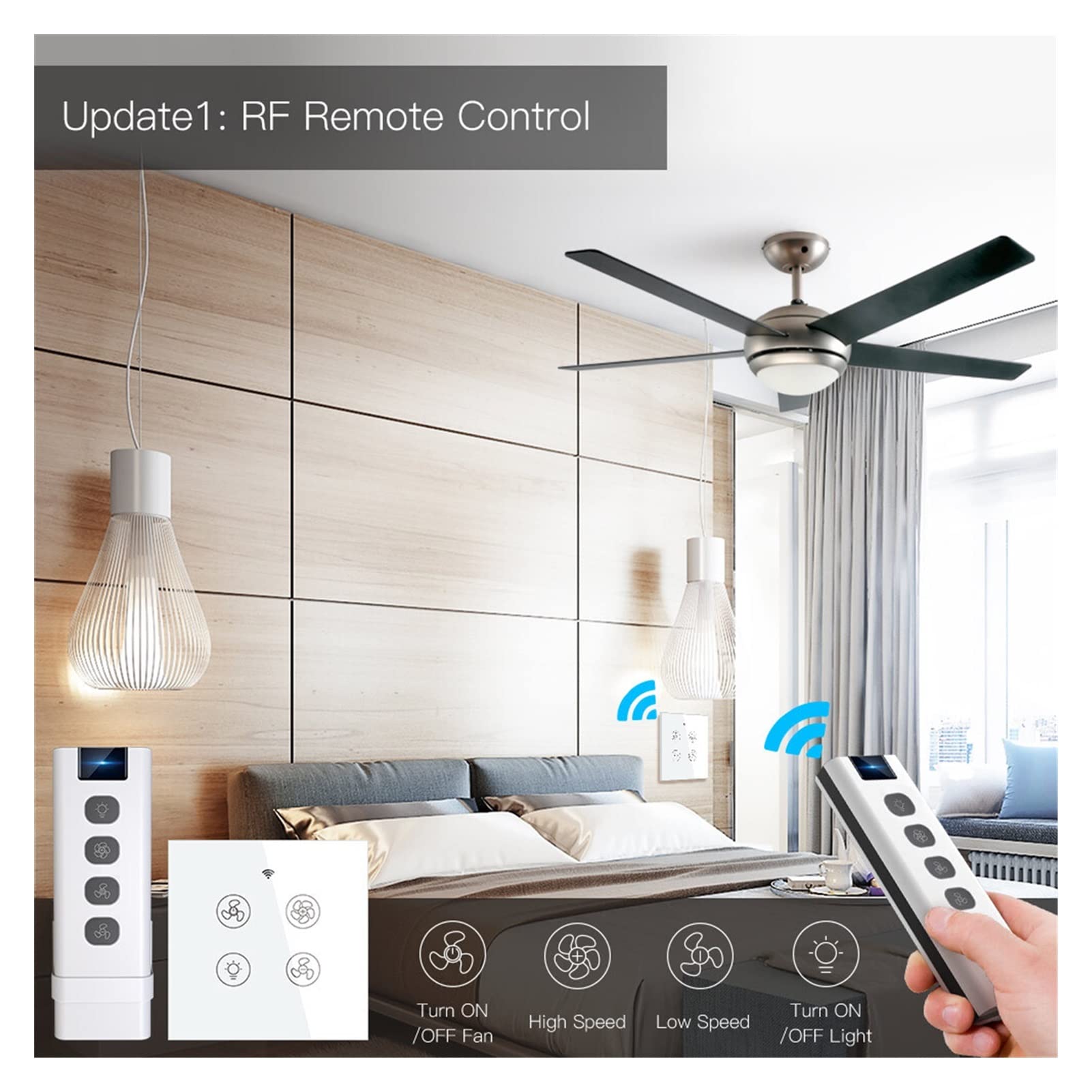 Inteligentny przełącznik WiFi RF Inteligentny wentylator sufitowy Światło 2/3-drożne sterowanie Smart Life RF Zdalne sterowanie prędkością Inteligentny włącznik światła kompatybilny z domem (Kolor: 1)