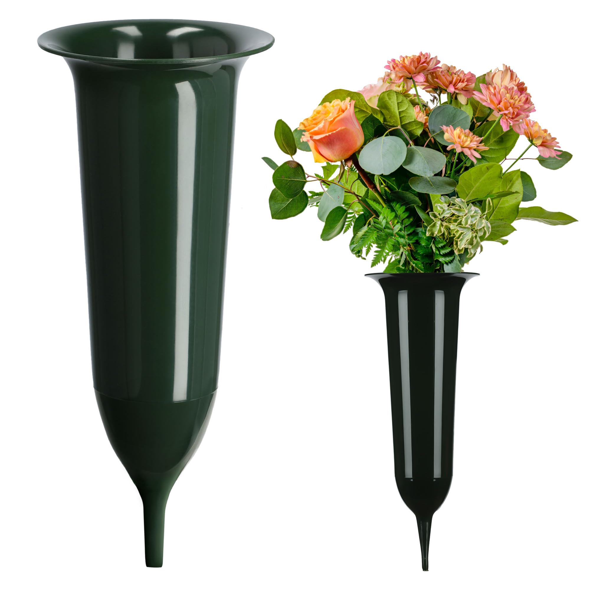 KADAX Vaso per tomba, in plastica, per fiori, vaso di plastica, resistente alle intemperie, per cimitero, resistente al gelo (12 cm, con picchetto, verde