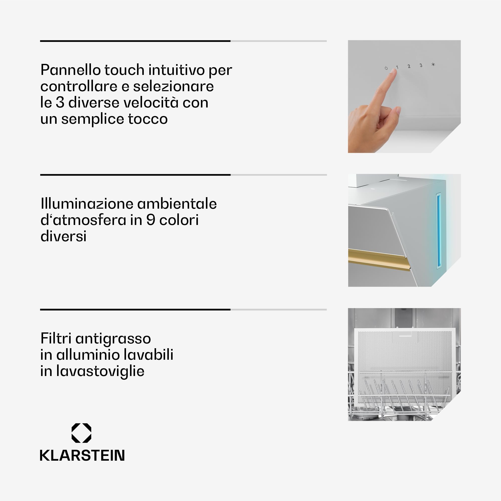 Klarstein Alina - Cappa Aspirante, 60cm, Cappa a Parete, 600 m³/ora, LED 9 Colori, Touch Control, Classe A, Silenziosa 52 dB, Bianco-Oro, Scarico & Ricircolo