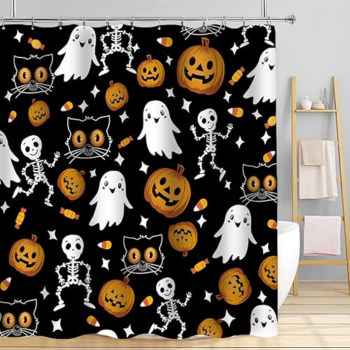 Miniatura 3 de Cortina de ducha de Halloween, cortinas de ducha de otoño negras para baño, cortinas de esqueleto de terror de Halloween, juego de cortina de ducha