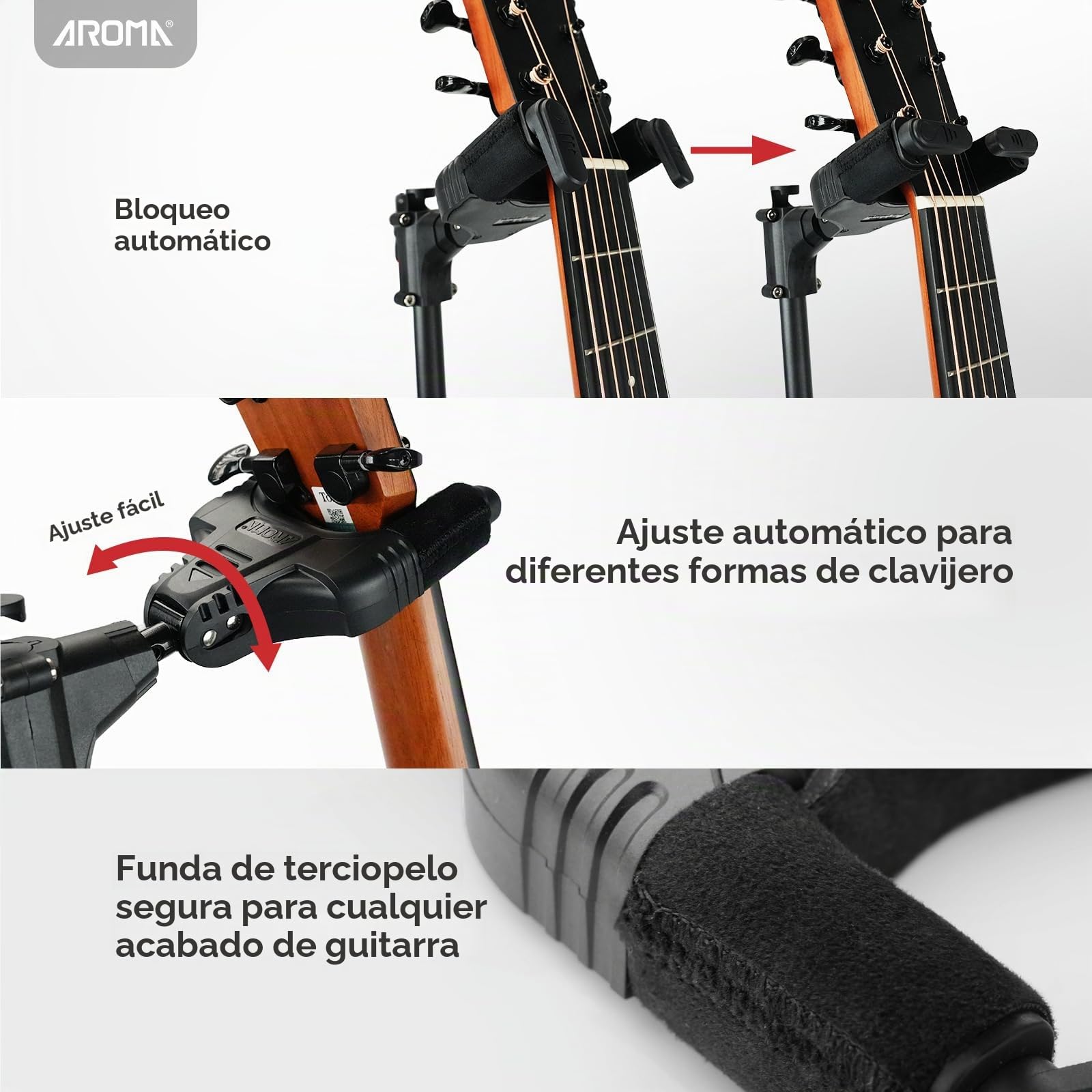AROMA Soporte de Bajo Universal para Guitarras Acústicas, Eléctricas y Clásicas Soporte de Suelo Plegable con Sujeción Automática del Mástil, Trípode Sólido y Ajuste con un Solo Botón