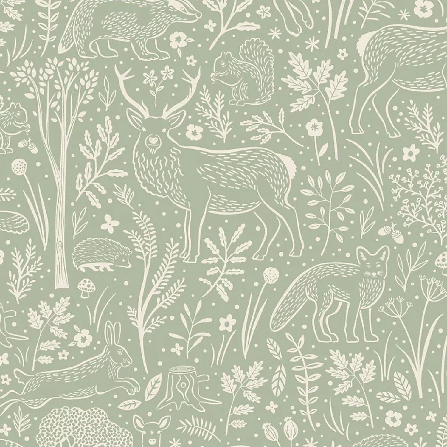 Yöl Sage Green Little Dreamers - Woodland Forest Animals Creatures - Nursery Bedroom Decor - Scrubbable Strippable Structured Vinyl - Paste The Wall Easy Install - Serene Whimsical
