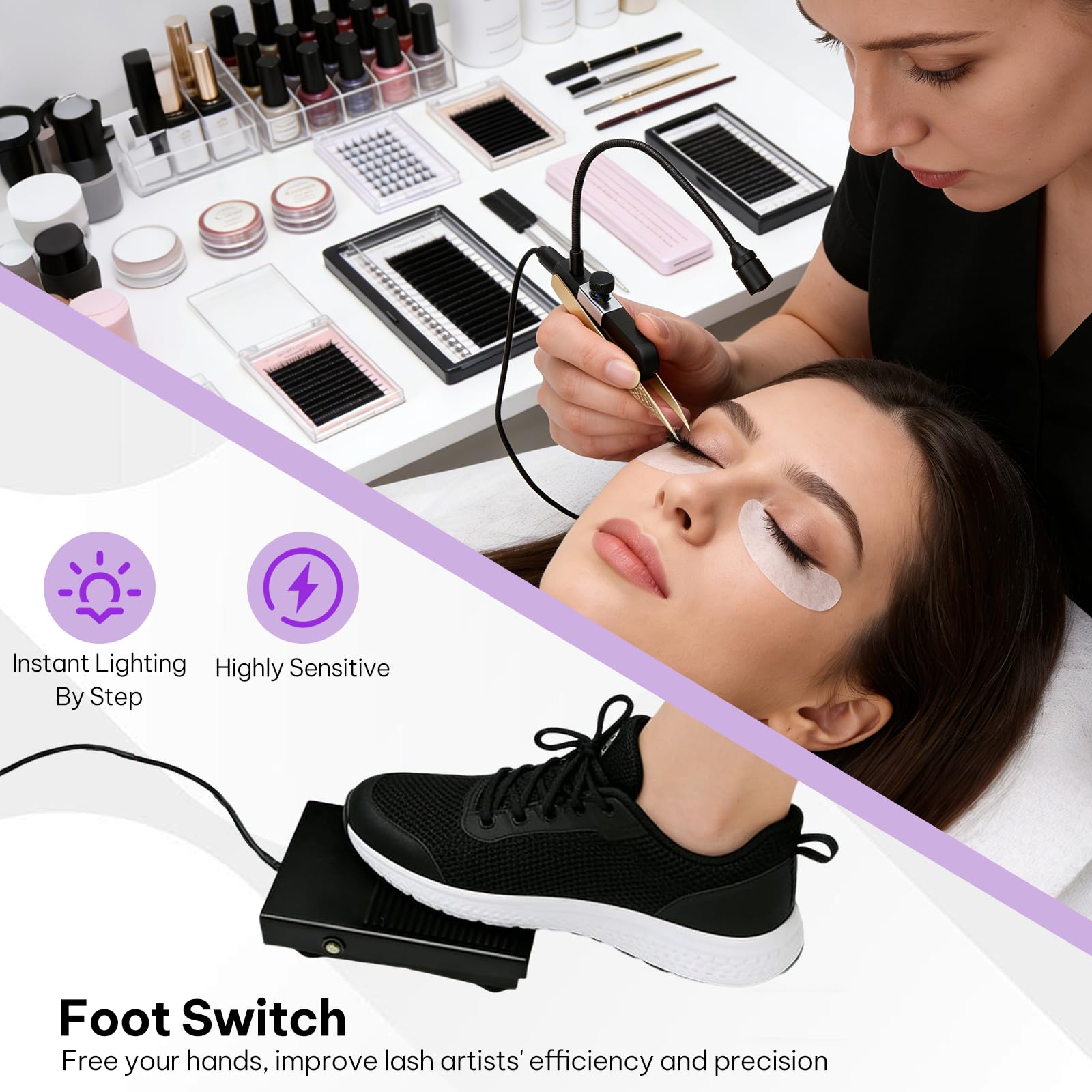 Wimpern Lampe, 1.8W Wimpernlampe UV-Licht Satz Handheldnagelheilungslampe für Lichthärtenden Wimpernlicht 2-3 Sekunden Ausgehärtet für Wimpernverlängerungen mit Fußschalter Pinzetten Schwanenhals