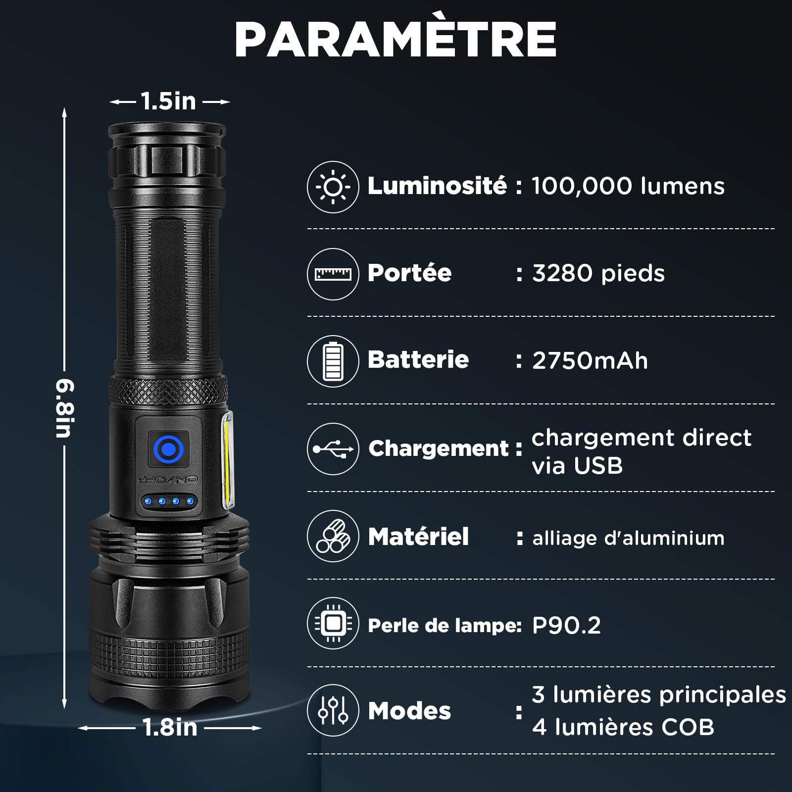 ZEUSFIRE Lampe Torche LED Ultra Puissante, 500000 Lumens Lampe Torche LED Rechargeable, Super Lumineuse 7 Modes Longue Durée, IPX7 Étanche Lamp Torch Pour Camping, Randonnée