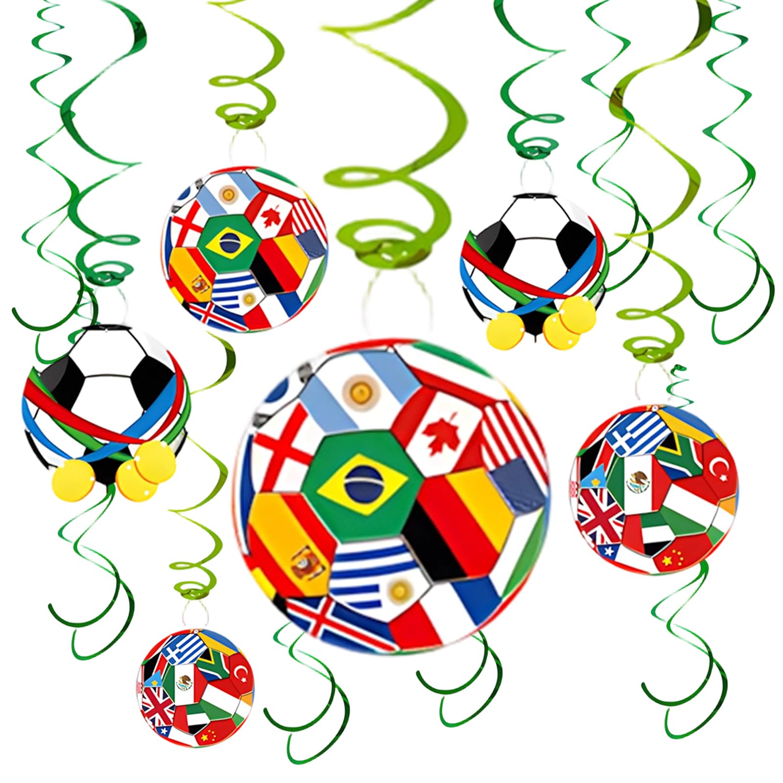 18 Piece World Cup Decorations 2026, Football Party Decorations for World Cup, Hanging Swirl Set with Football Cards and Green Spiral Streamers for Home Decor