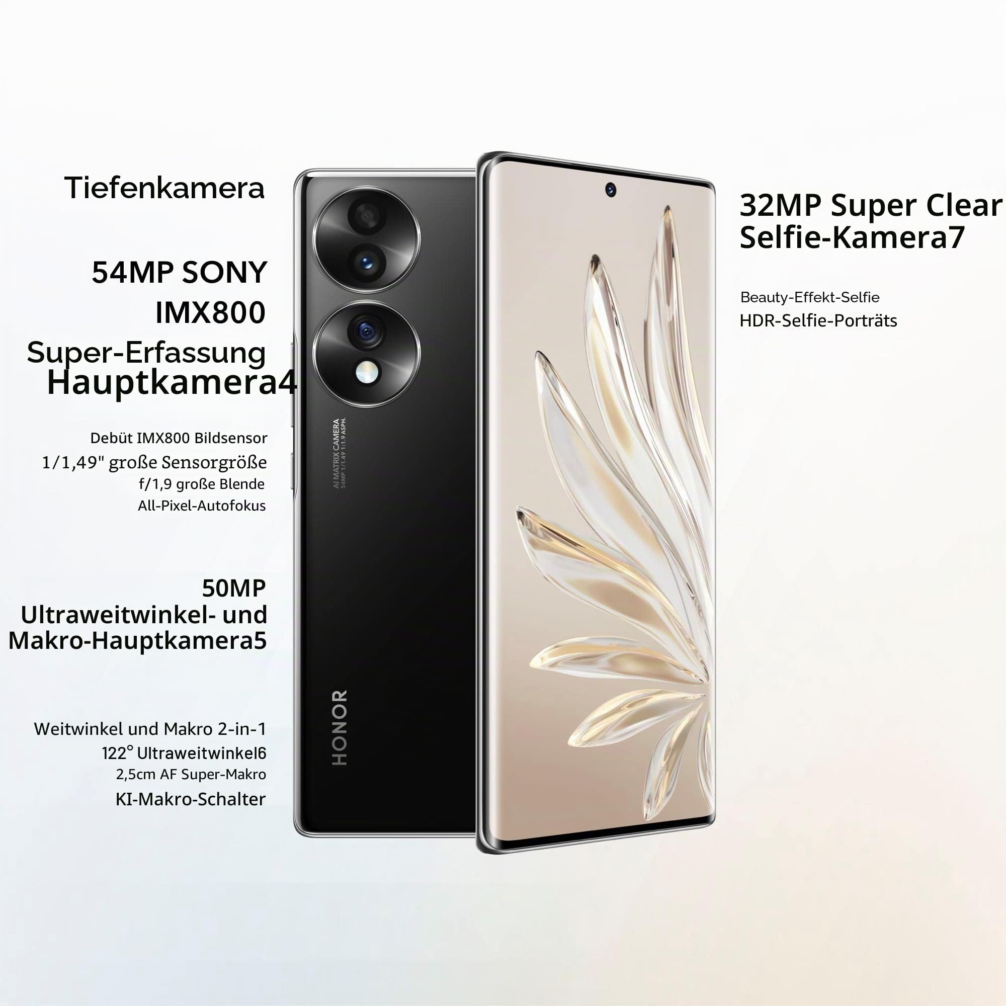 Honor 70 Smartphone, Handy 5G, SIM-frei entsperrt, 8+256GB, 54MP Dreifach-Rückkamera, 120Hz 6,67 Zoll OLED Curved Screen, Android 12, 4800mAh Midnight Black