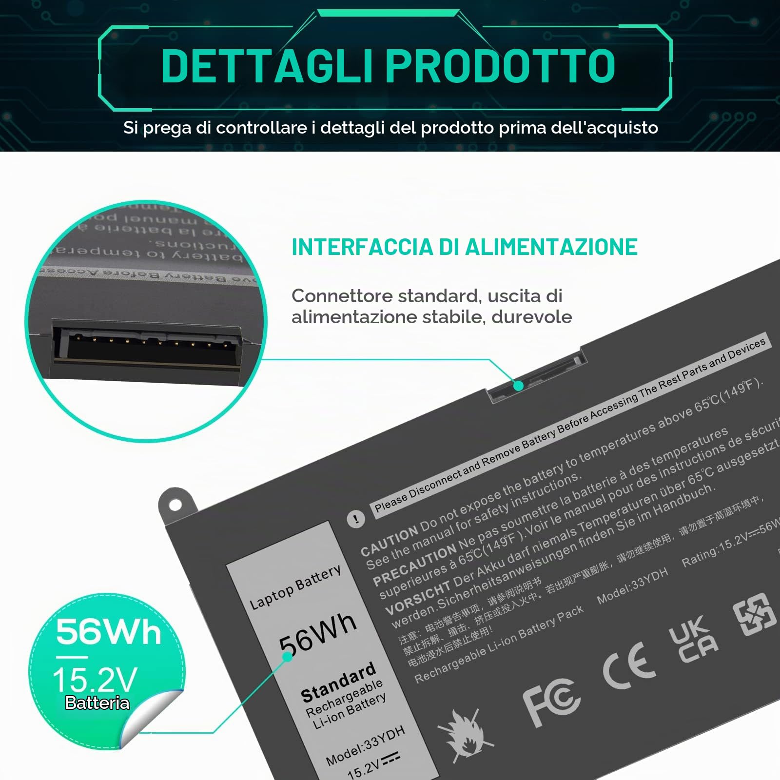 ASUNCELL 56WH 15.2V 33YDH Batteria per PC portatile Dell Inspiron 17 7000 15 7577 17 7773 17 7778 17 7779 2in1 17 7786 Series 33YDH PVHT1 W7NKD 81PF3 081PF3 3P30E. P30E001 DNCWSCB6106B