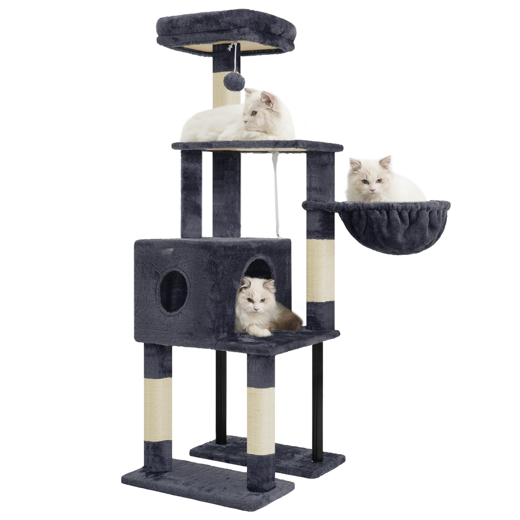 Heybly Albero Tiragraffi Per Gatti Alto 125 cm, Torre Per Gatti Spaziosa E Confortevole Con Tana, Due Ampie Piattaforme, Tiragraffi In Sisal, Cestino, Robusti Tubi In Acciaio, Grigio Fumo HCT200SG-