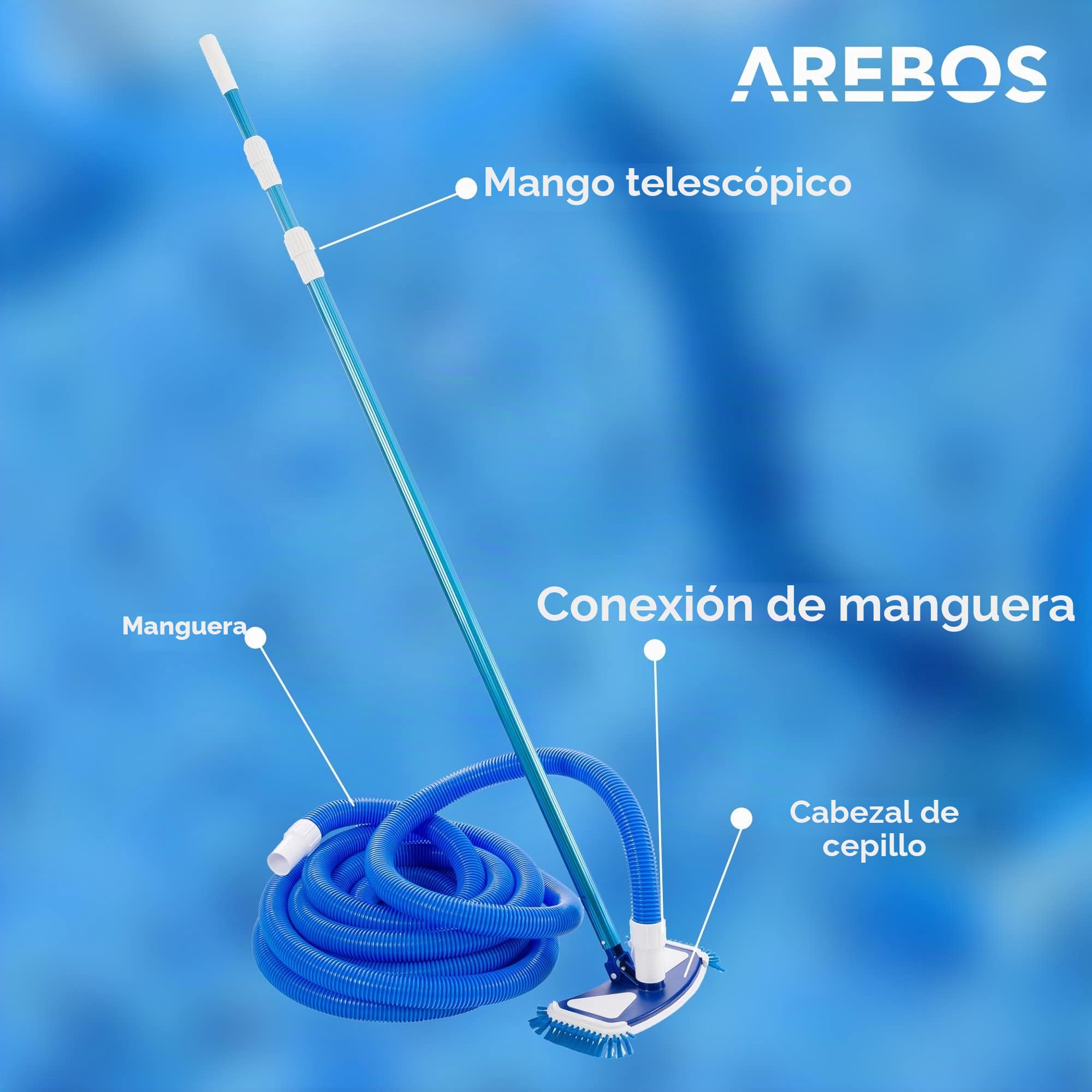 Arebos Cepillo de Piscina | Limpiador de Piscinas | Cepillo de succión | Pértiga telescópica | Aspirador de Piscinas con Manguera | Aspirador para Fondo de Piscina | Aspirador Manual para Piscinas