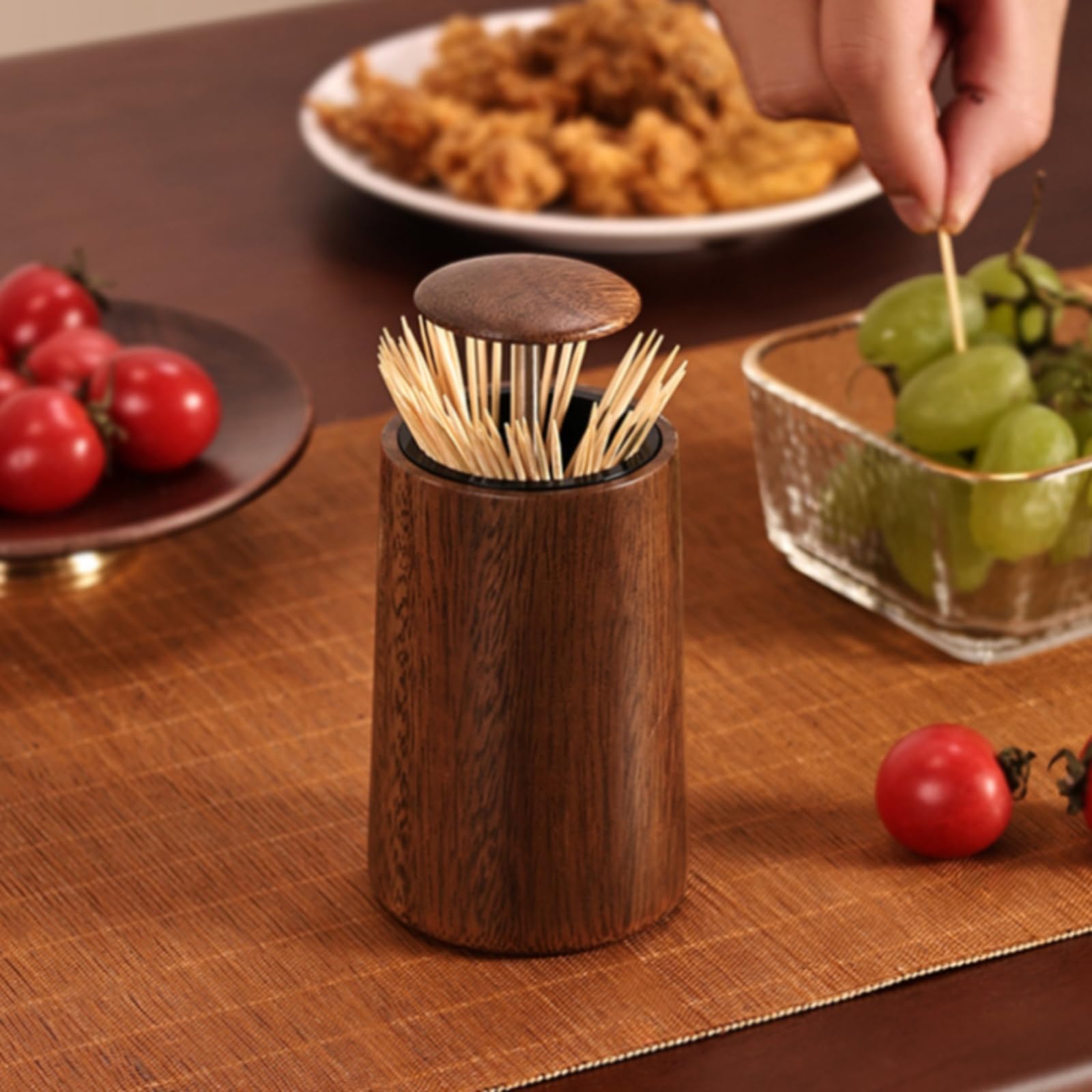 Dispensador de Palillos Redondo Contenedor Porta Palillos Dosificador Automático Cuerpo con de Madera Estructura Interior de Acero Inoxidable Apertura , style to 1