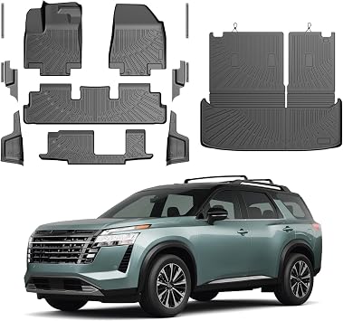 Pathfinder Floor Mats - Car Mats for Nissan Pathfinder 8 Seats 2022-2026, All Weather Full Set Floor Mats Cargo Liner with Backrest Mat and Door Sill Guards for Pathfinder Accessories
