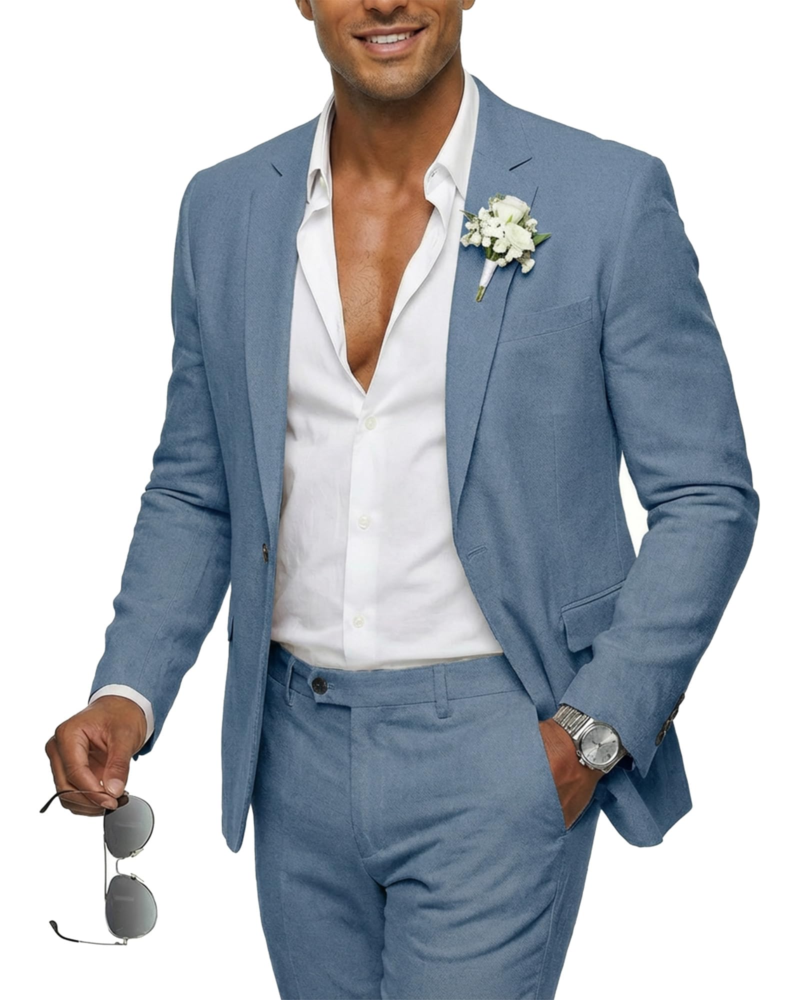 Men 2 Piece Regular Fit Linen Suit, Casual Blazer Pants Set, Lightweight Jacket Trouser for Wedding Prom