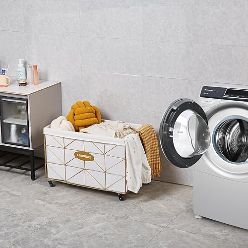 Miniatura 4 de Mxfurhawa Cesta para la ropa sucia de 160 litros  Cesta de lavandería plegable con forro extraíble, ruedas rodantes y marco de metal resistente para