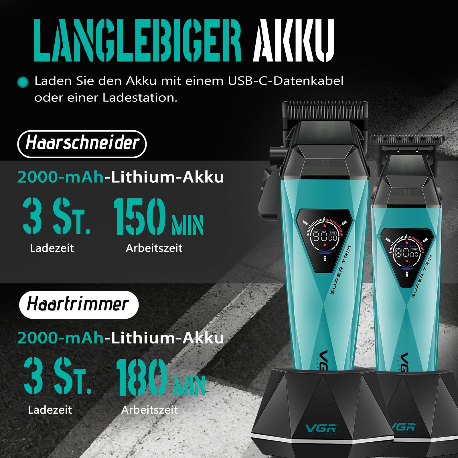 VGR 877S3 Profi Haarschneidemaschine Set, Kabelloser Titanbeschichtete Rasierer, Haarschneider Herren und Präzisionstrimmer mit 8000/9000 U/min Motor, Barber Set mit Ladestation, LED-Display, Grün