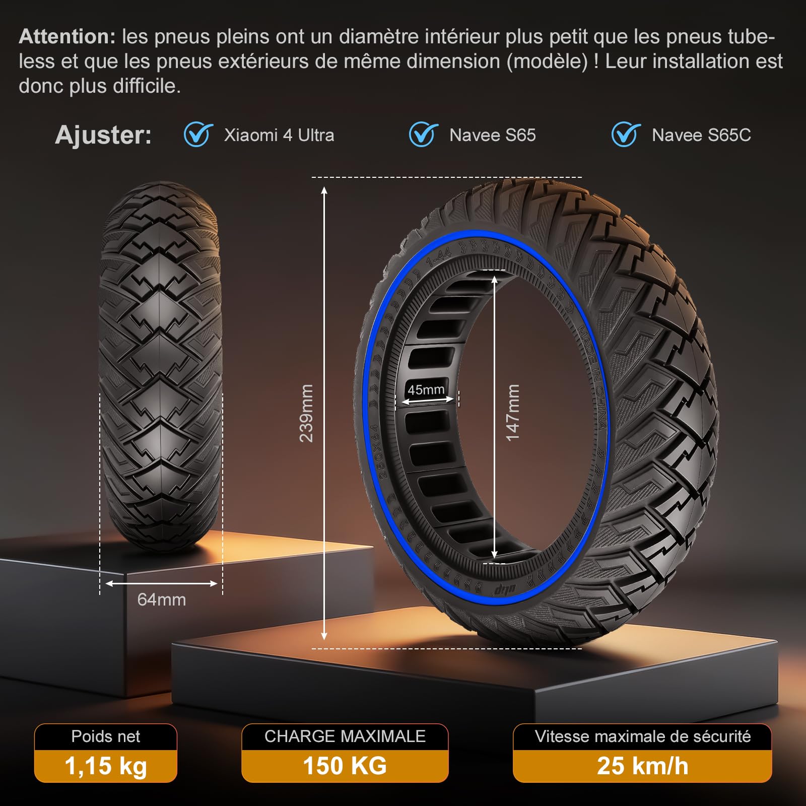 250x64 Pneus Pleins pour Xiaomi 4 Ultra, Navee S65, Navee S65C Trottinette Électrique 250 * 64 Pneus Solides Tout Terrain 10 Pouces Pneus en Caoutchouc Plein Pneus de Remplacement Accessoires