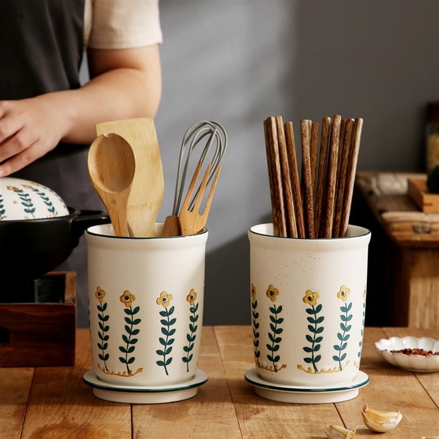 Ceramiczny uchwyt na sztućce, ręcznie malowany ociekacz na przybory i garnek kuchenny, stylowy pojemnik do gotowania z tacą odpływową do łatwego suszenia, organizer na blat